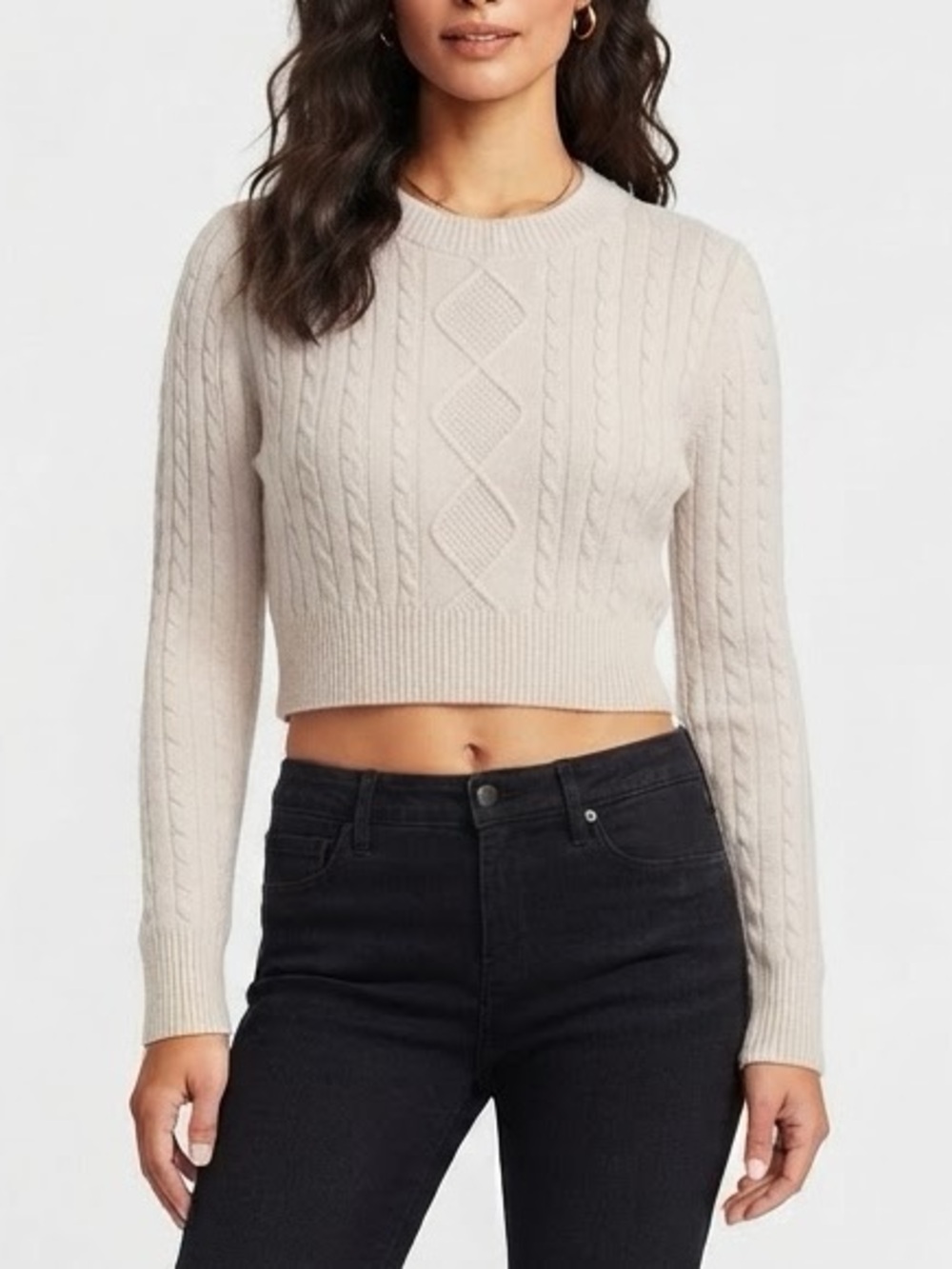 Textured Cable Knit Crewneck Cropped Sweater Top in Oat / Cream pullover size S